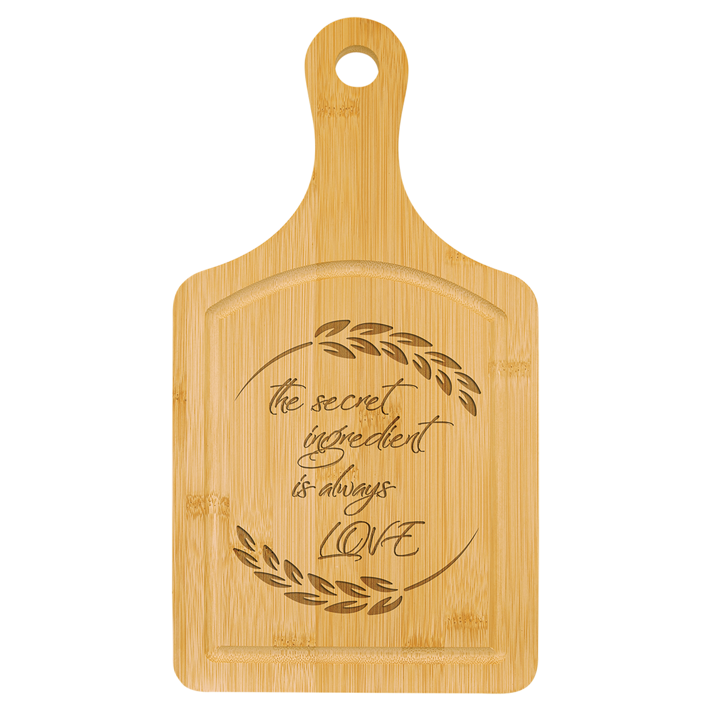 13 1/2" x 7" Bamboo Cutting Board Paddle Shape with Drip Ring