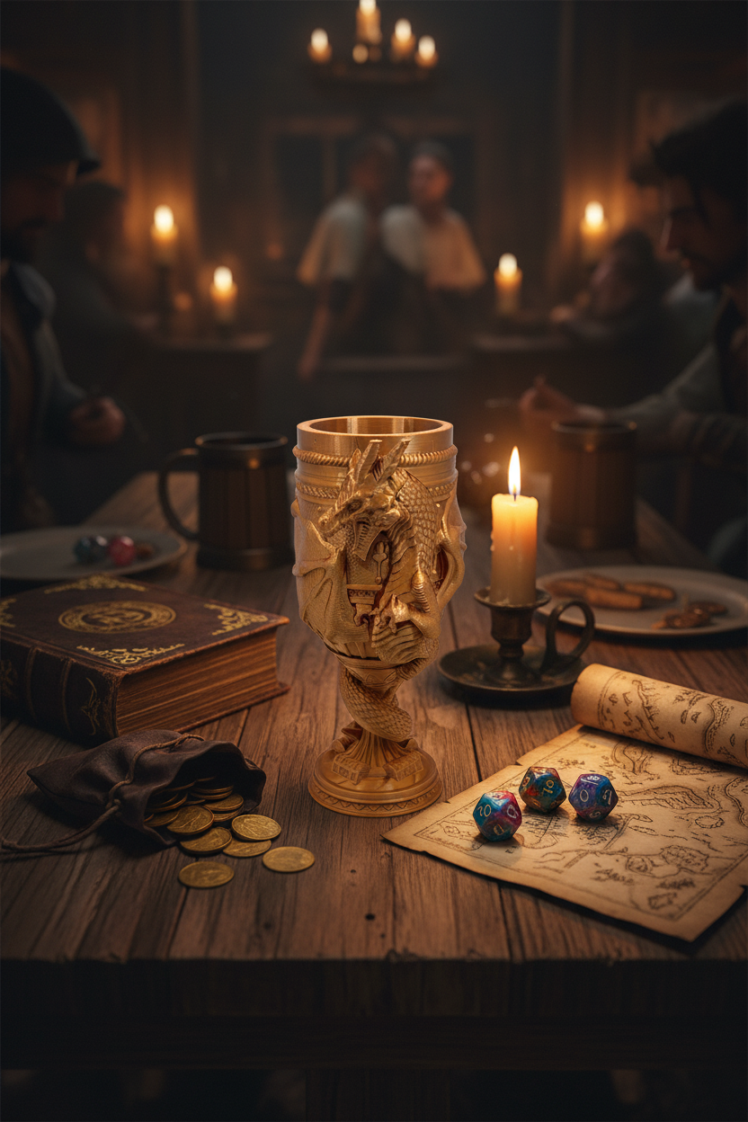 Decorative goblet on a table with candles and books in a dimly lit room
